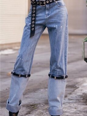 KATE HEWKO | High Waisted Buckle Denim Paint Splatter Wide Leg Jeans